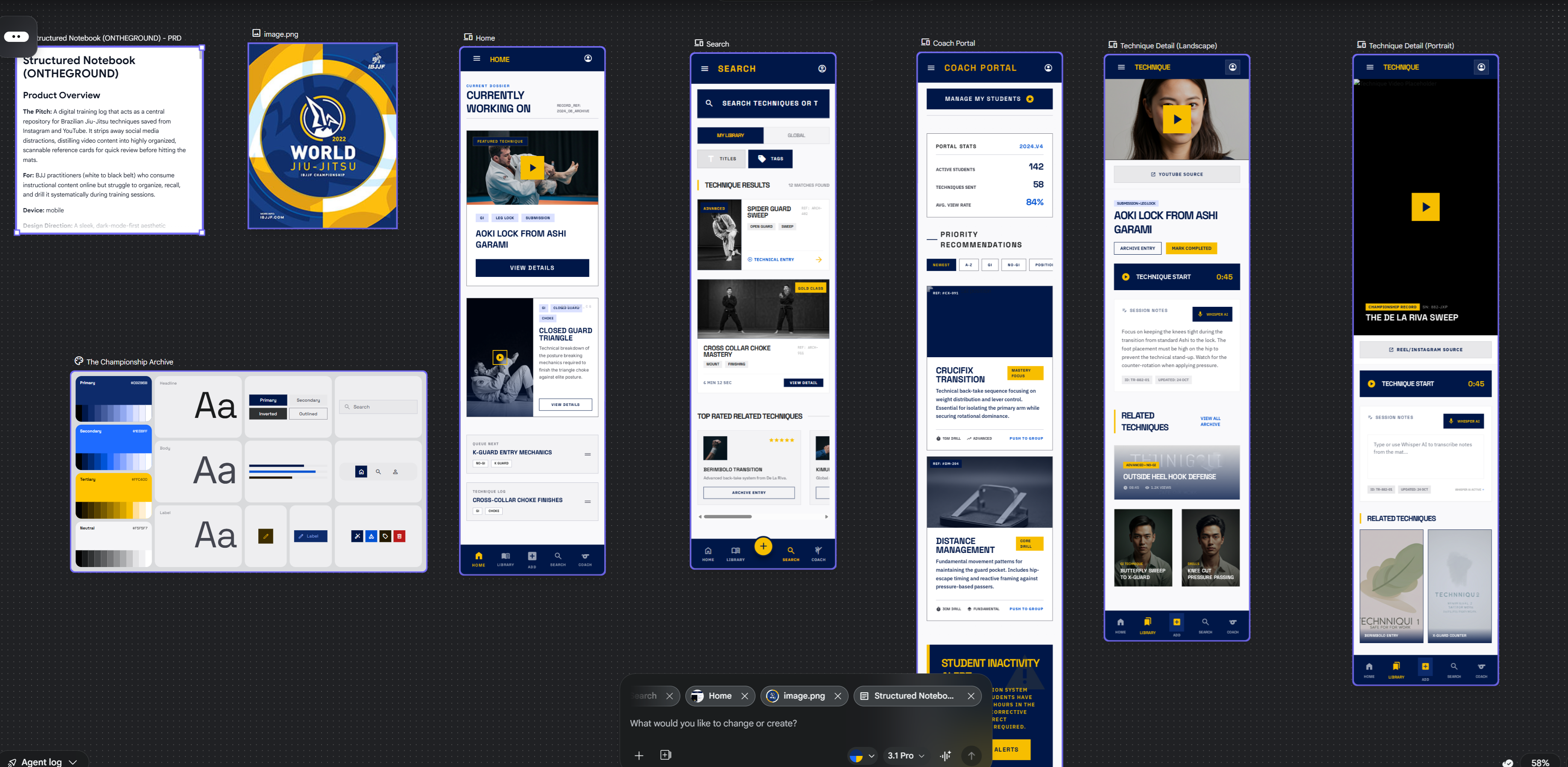 Technique Box app screens and design system preview.