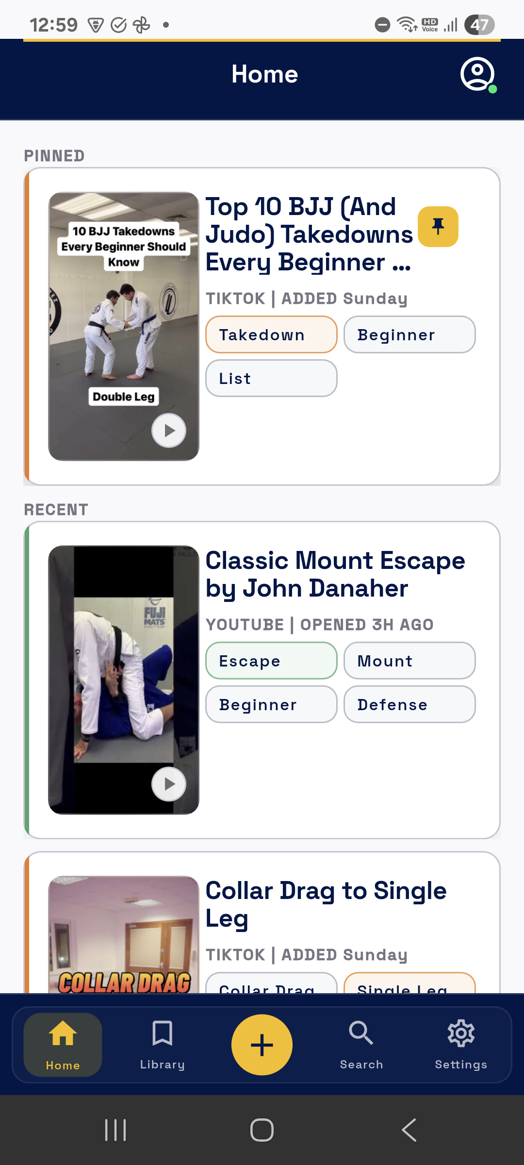 Current Technique Box Home screen showing pinned and recent BJJ techniques