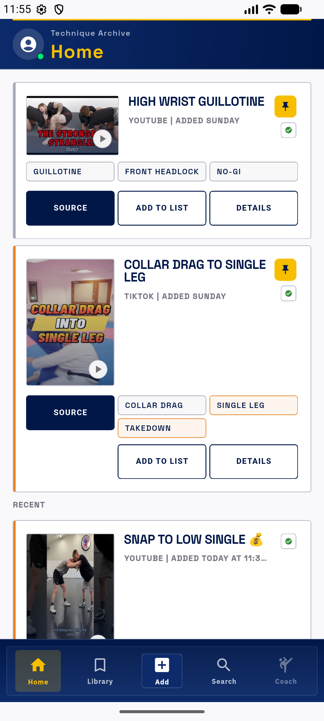 Technique Box app home screen showing saved BJJ technique cards.